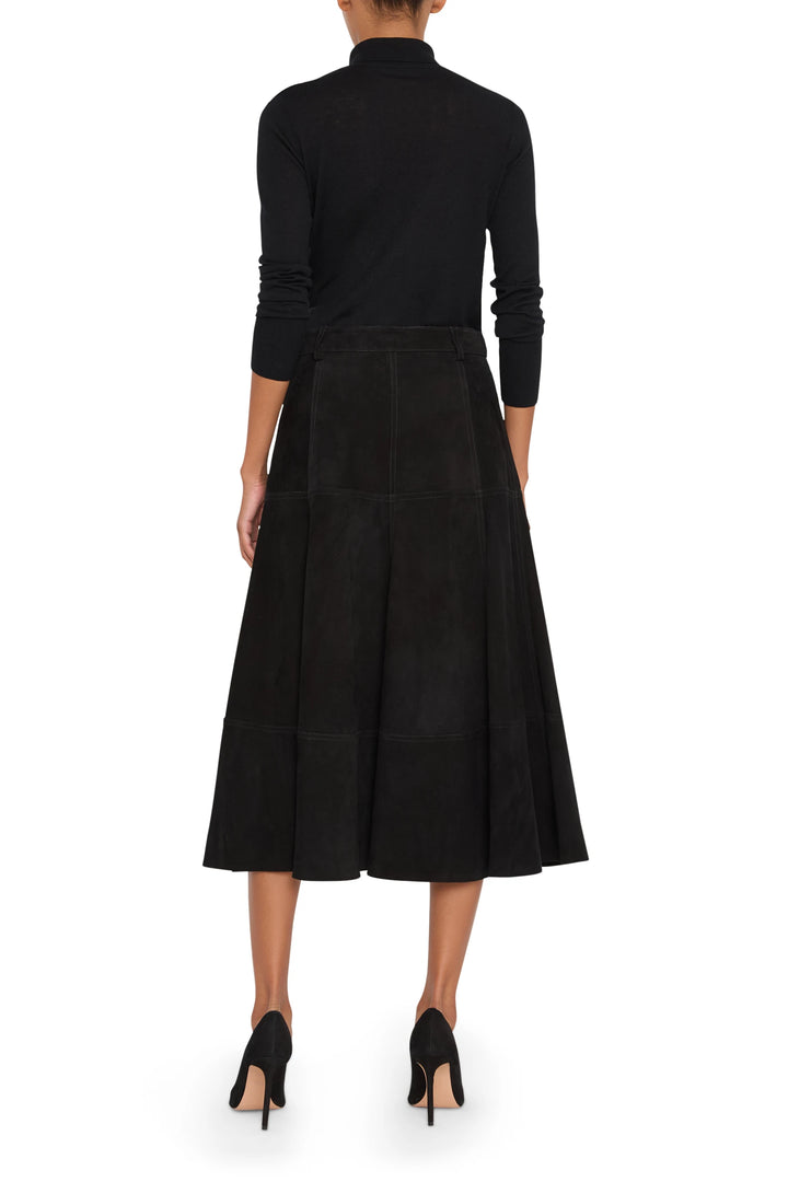 Connor Suede Skirt with straight silhouette and minimal seaming, soft suede fabric, back view on model.