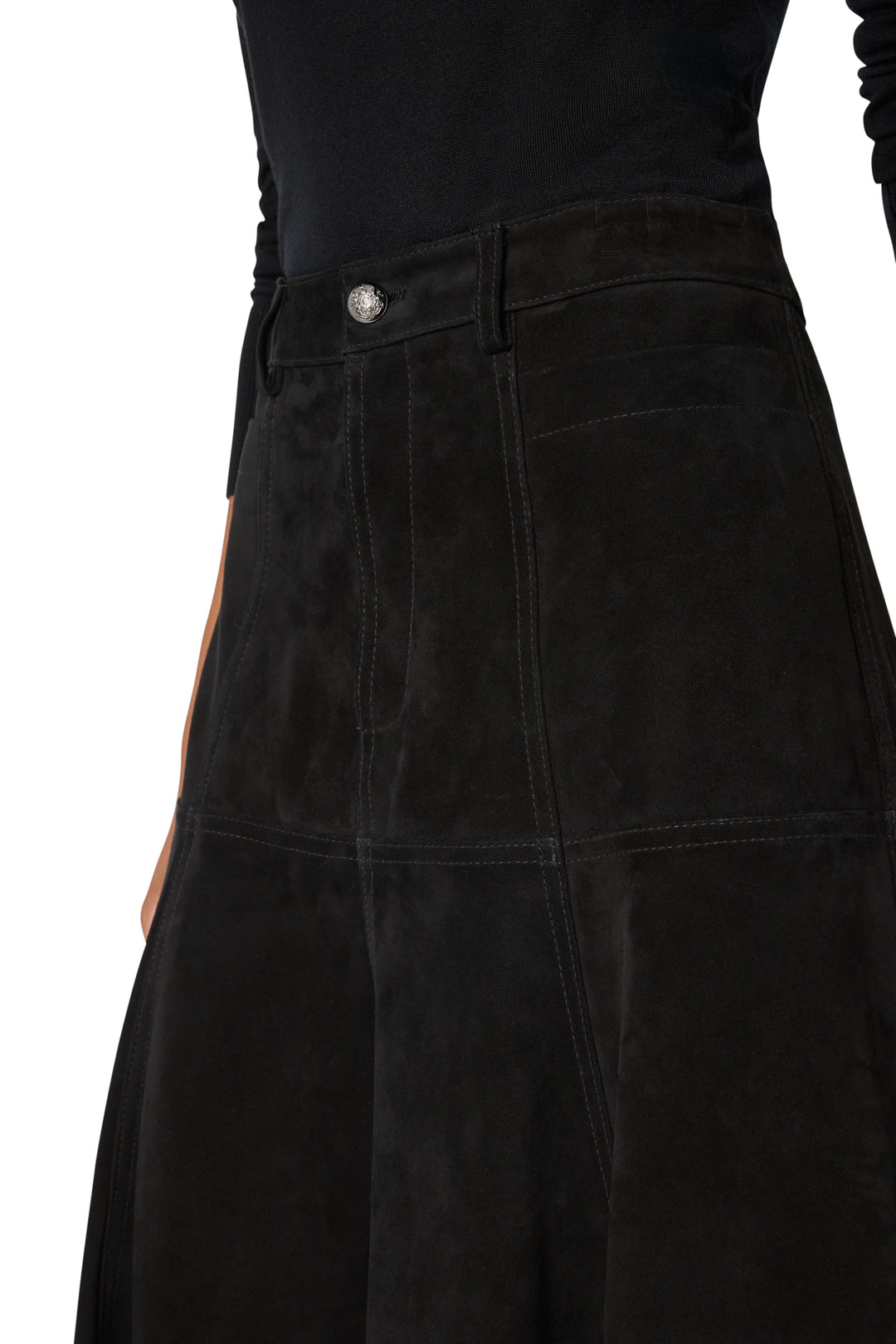Connor Suede Skirt with a straight silhouette, paneled construction in suede; front view on model.