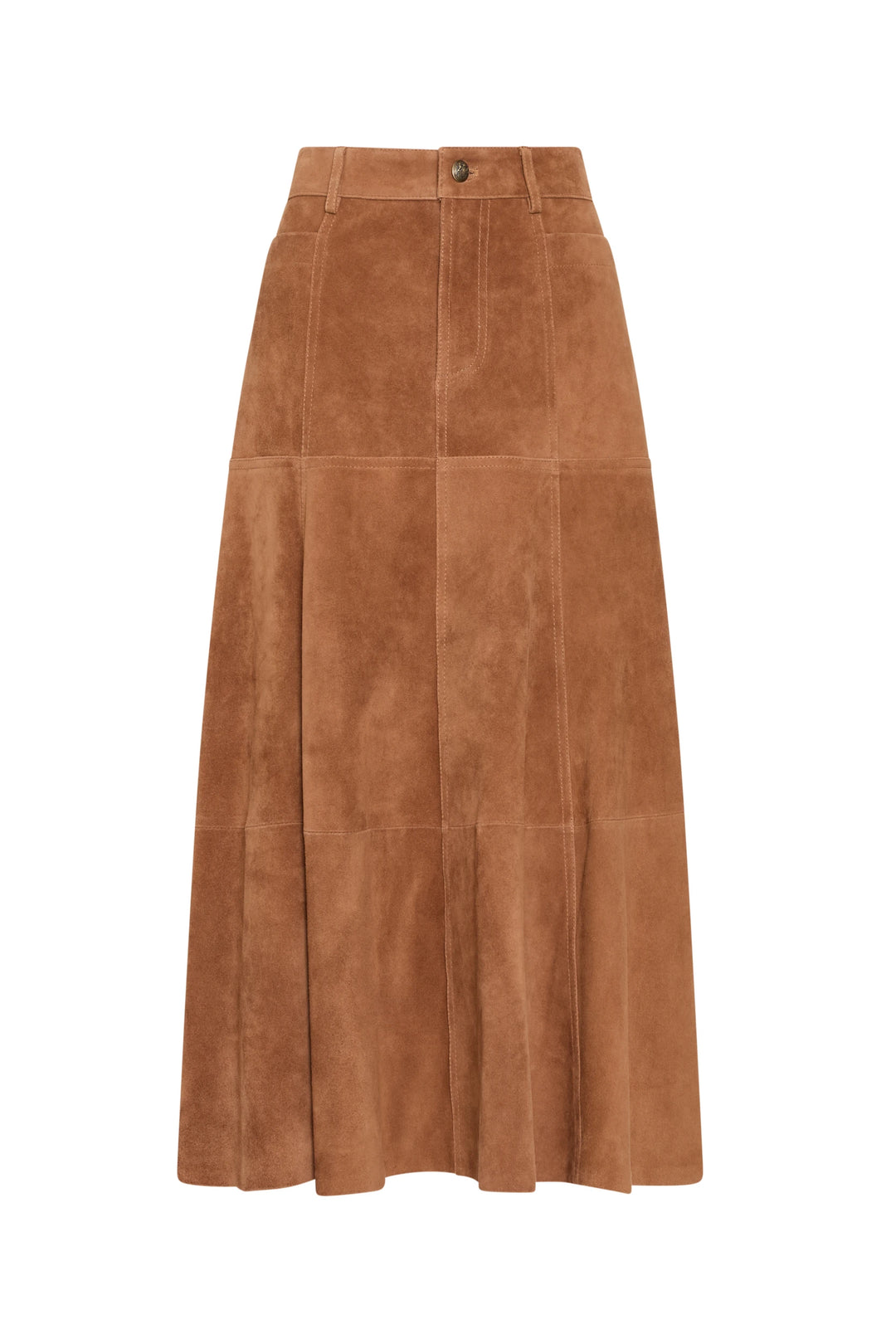 Suede skirt with flare panels, front buttons, elongated A-line silhouette. Front view on white.