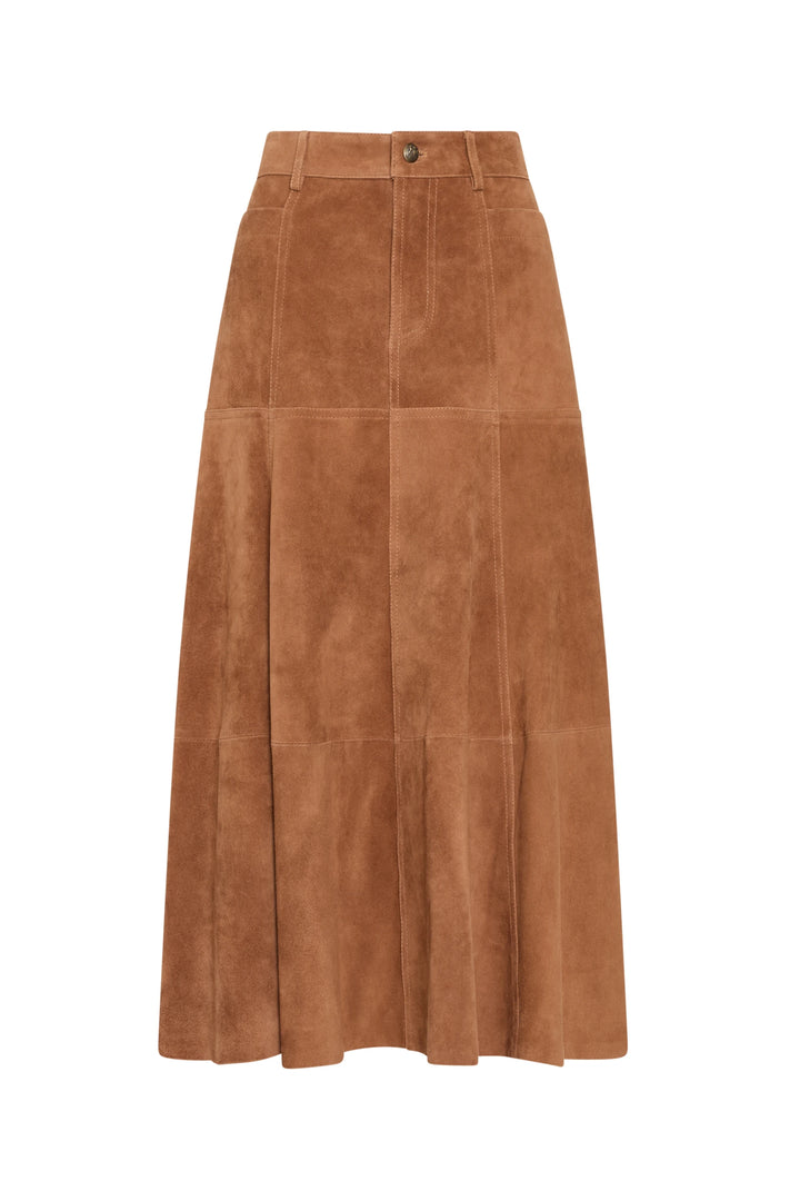 Suede skirt with flare panels, front buttons, elongated A-line silhouette. Front view on white.