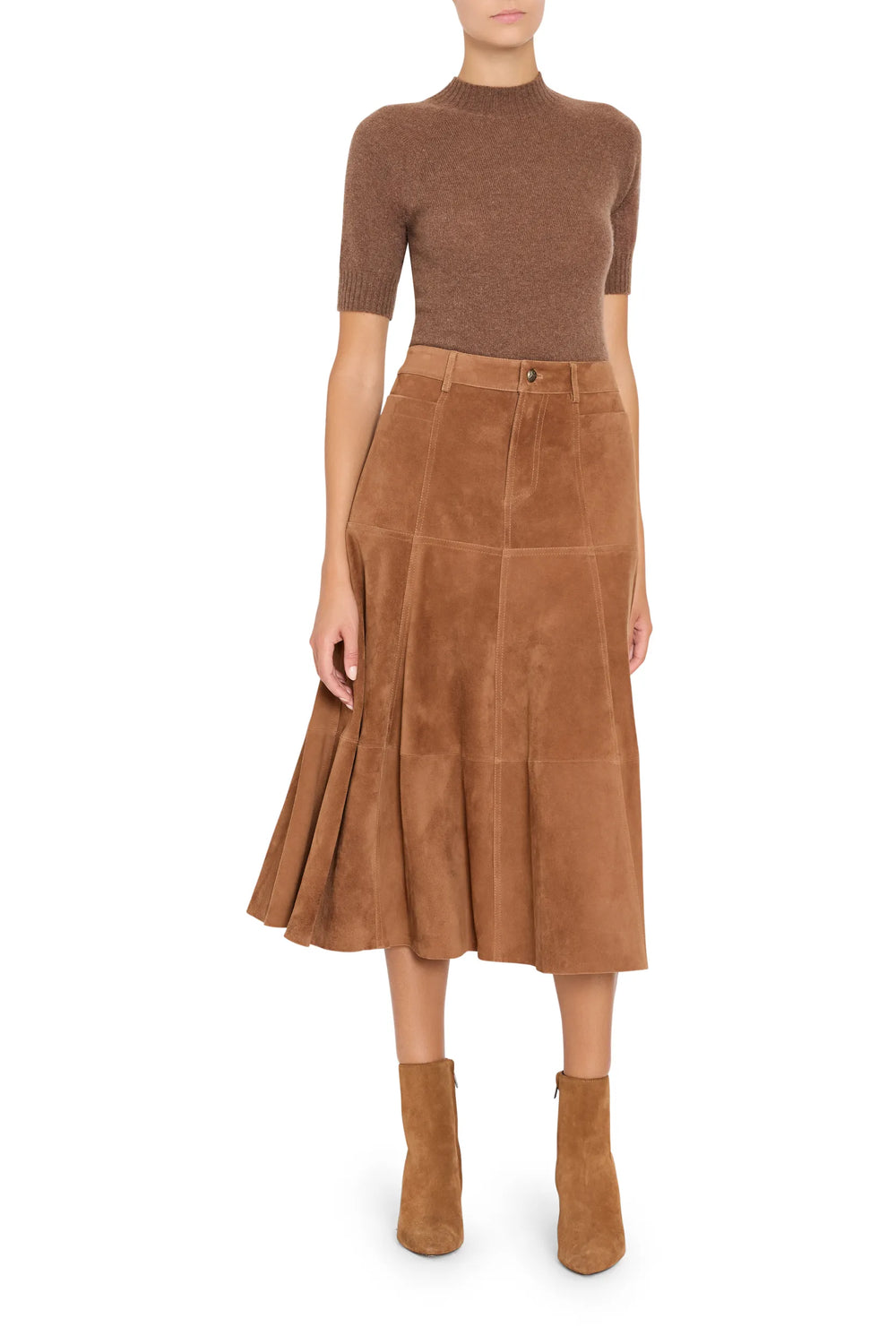 Connor Suede Skirt, A-line silhouette with paneled construction, knee length. Front view on model.