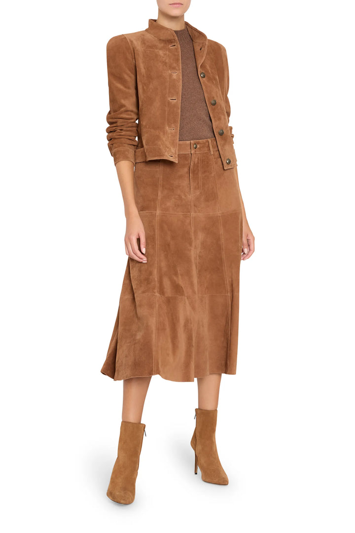 Connor Suede Skirt; straight silhouette, suede fabric, clean construction, knee length; front view on model.