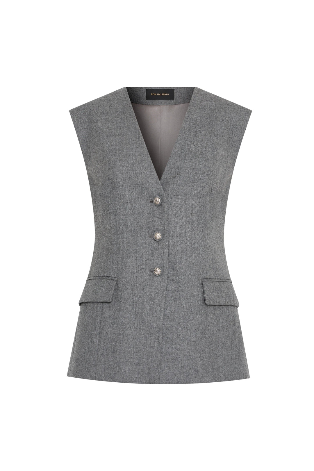 Gray flannel vest with three buttons, notched hem, and two flap pockets; tailored silhouette; front view on white.