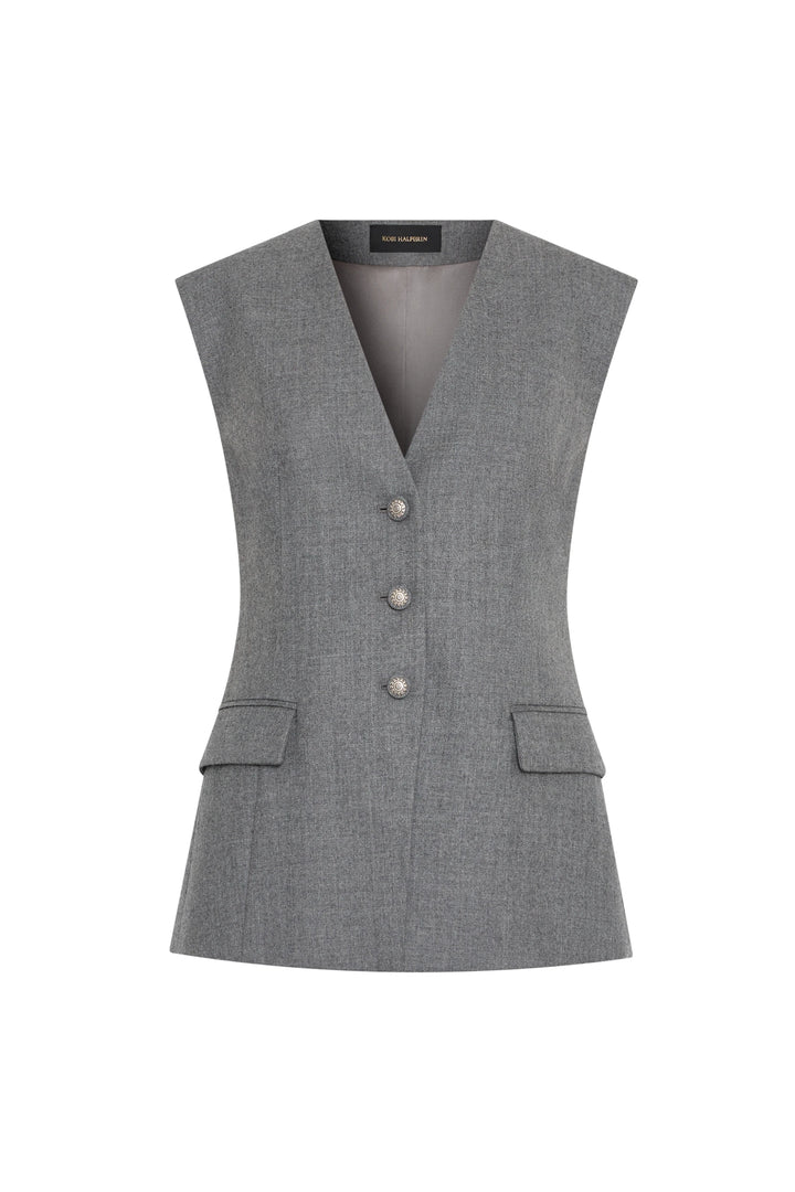 Gray flannel vest with three buttons, notched hem, and two flap pockets; tailored silhouette; front view on white.