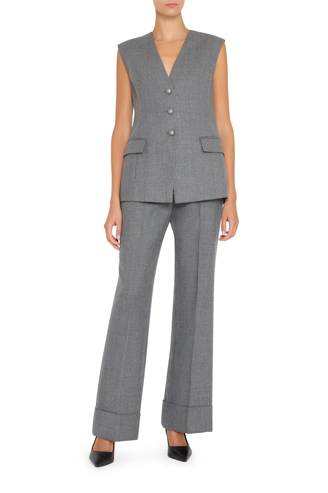 Sleeveless flannel vest with structured silhouette and classic lapel collar, front view on white.