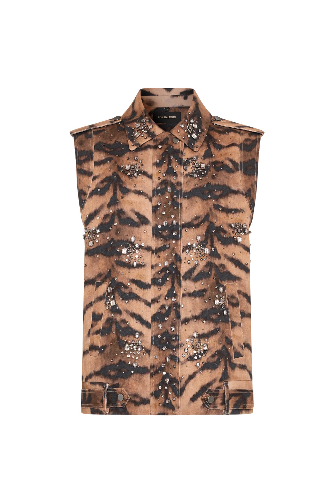 Sleeveless vest silhouette in animal print, with silver and gunmetal front embroidery, straight hem. Front view on white.