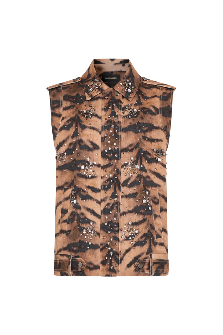 Sleeveless vest silhouette in animal print, with silver and gunmetal front embroidery, straight hem. Front view on white.