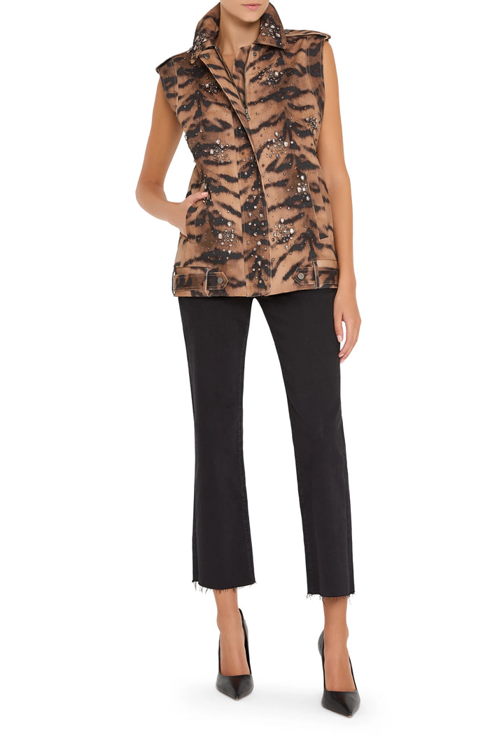 Sleeveless, relaxed-fit animal printed vest with embellished detailing, straight hem; front view on model.