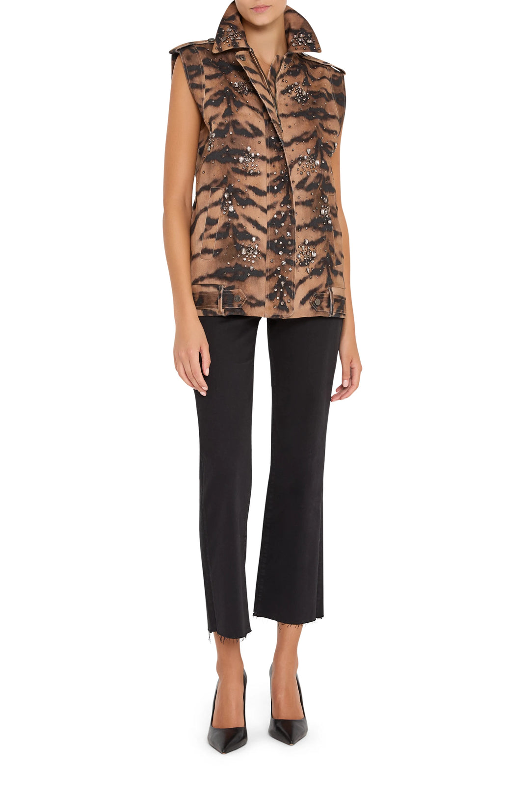 Sleeveless vest with animal print, straight silhouette, embellished details; front view on model.