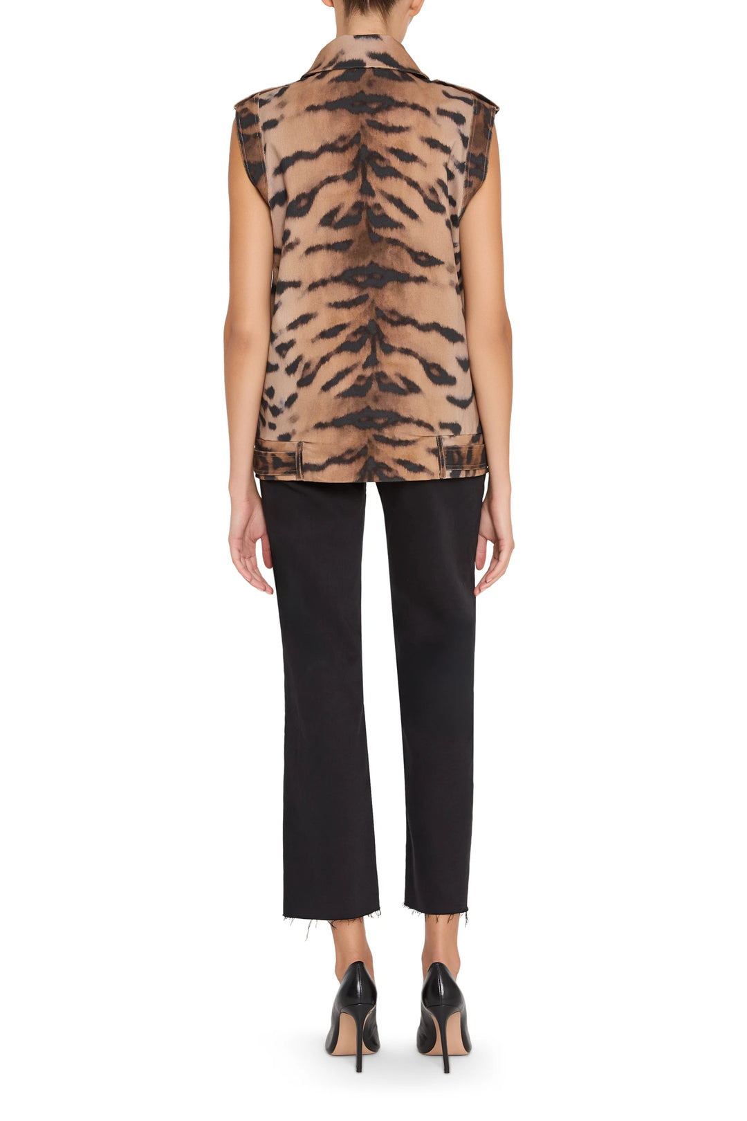 Animal Printed Embellished Vest, sleeveless straight cut with textured embellishments, back view on model.