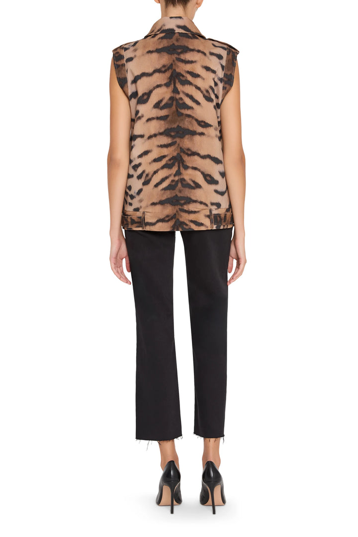 Animal Printed Embellished Vest, sleeveless straight cut with textured embellishments, back view on model.