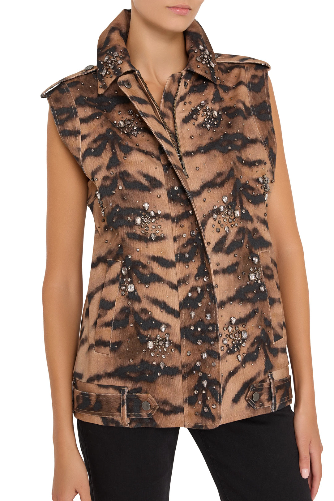 Sleeveless vest in animal print with gunmetal accents, rhinestone embellishments; front view on white.