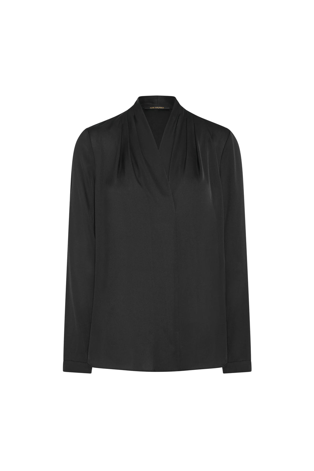 Black blouse with a draped neckline on a white background