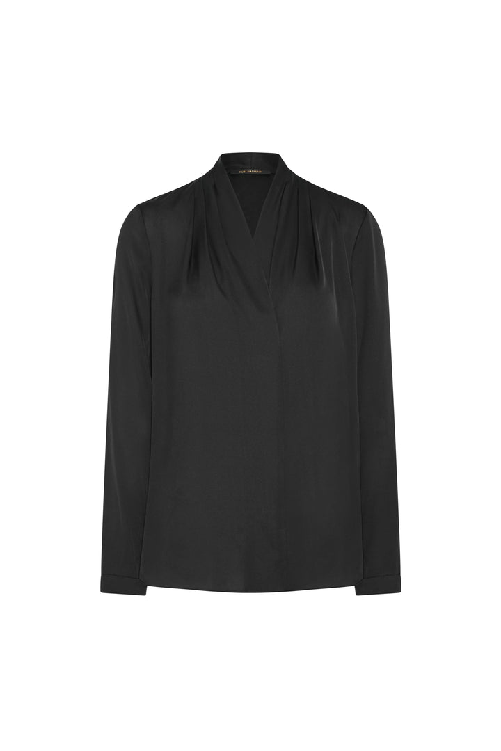 Black blouse with a draped neckline on a white background