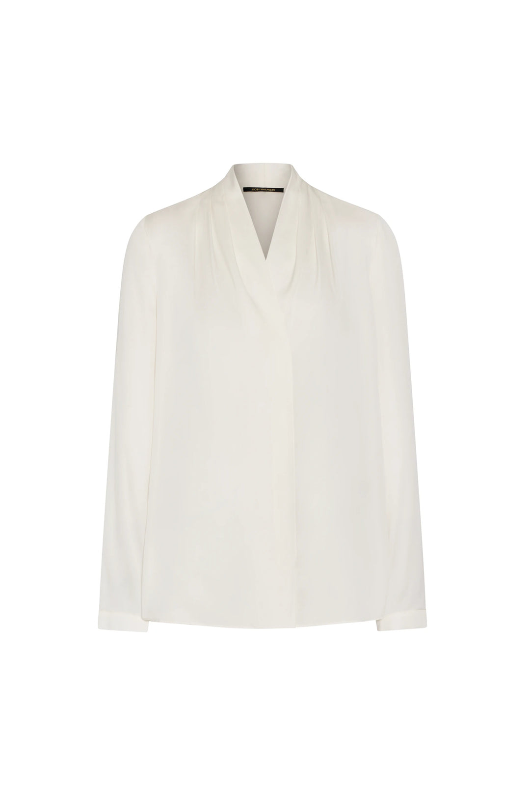 Draped silk blouse with long sleeves, V-neckline, and loose fit. Front view on white.