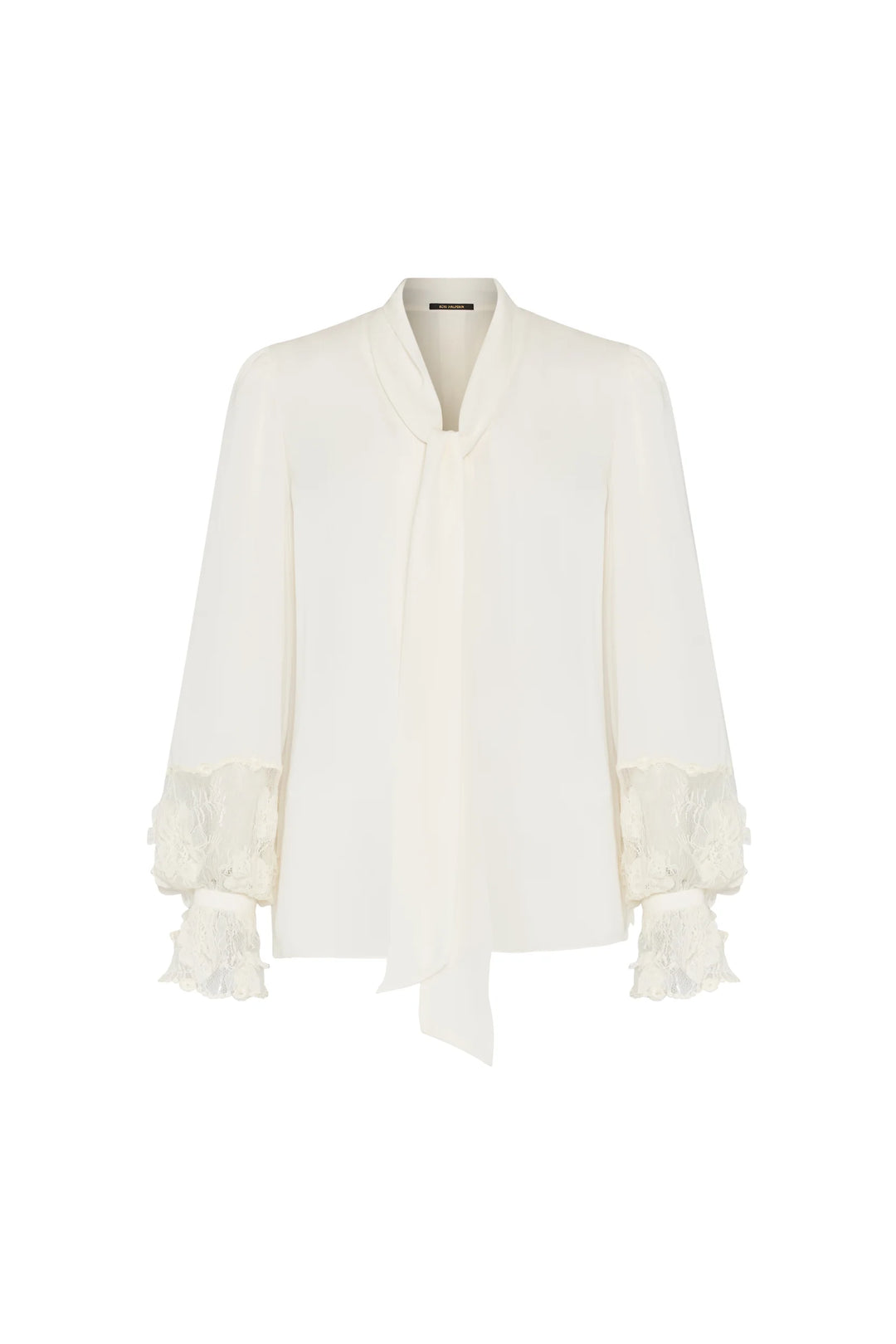 Jaxx Lace Detail Blouse in silk georgette with tie-neck and Chantilly lace cuffs, front view on white.