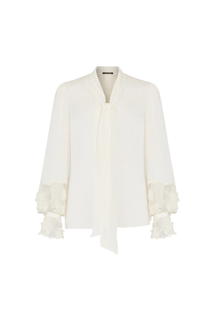 Jaxx Lace Detail Blouse in silk georgette with tie-neck and Chantilly lace cuffs, front view on white.