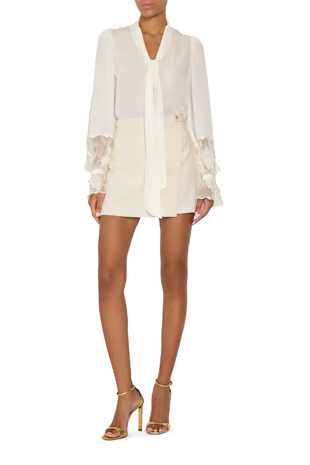Jaxx Lace Detail Blouse in silk georgette, pussycat bow collar, Chantilly lace-trimmed cuffs, front view on model.