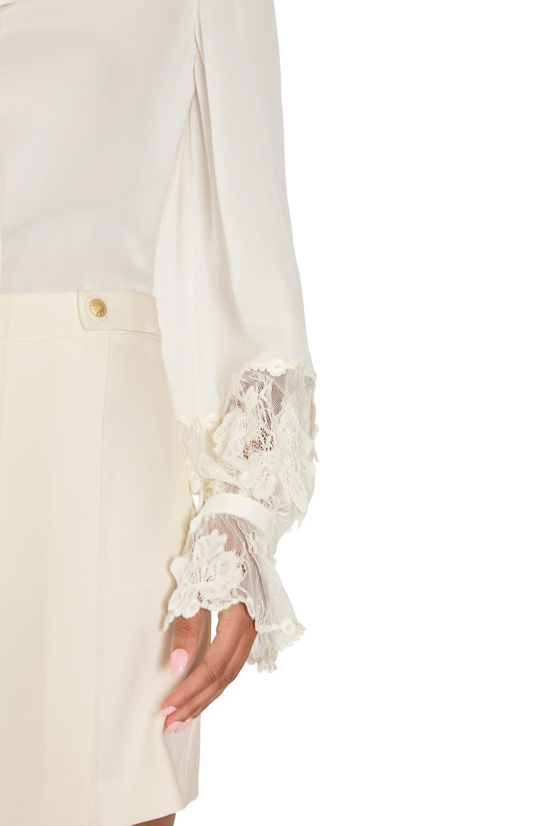 Jaxx Lace Detail Blouse in silk georgette with scalloped Chantilly lace cuffs, front view on model.