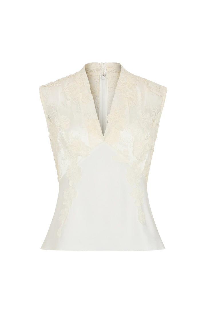 Renana Lace Detail Blouse, sleeveless V-neck top with floral Chantilly lace overlays on a solid bodice, front view.