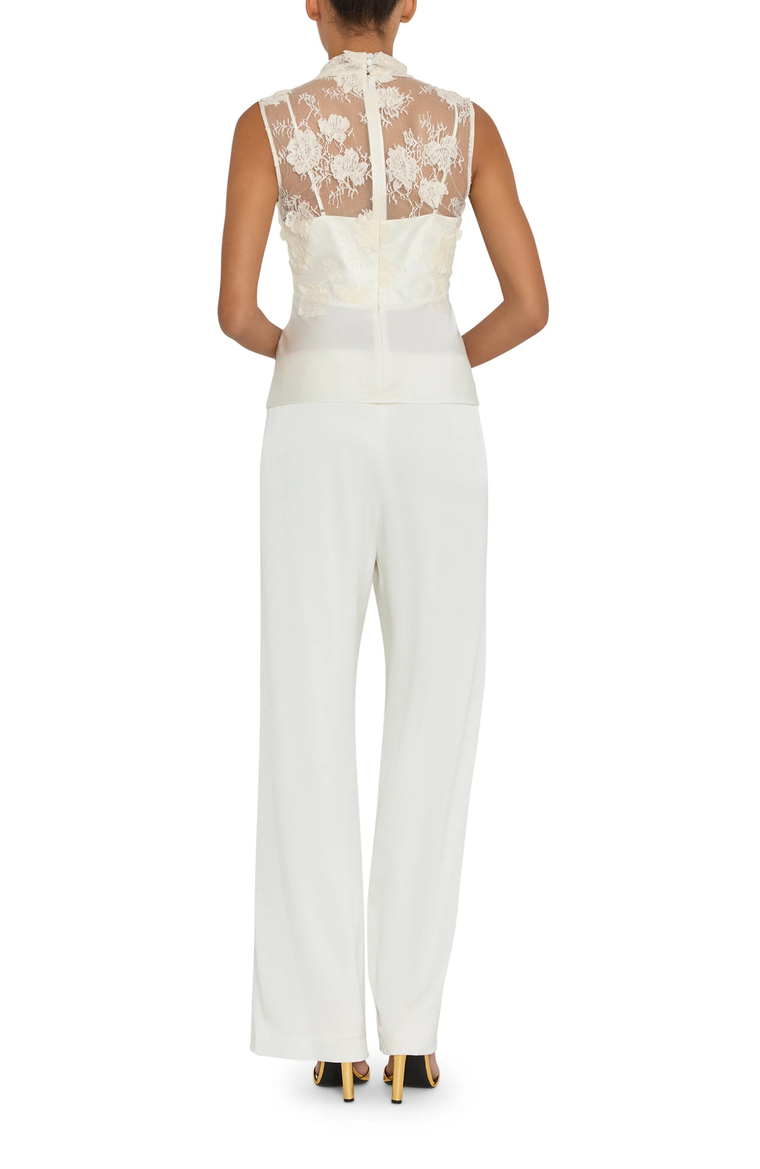 Renana Lace Detail Blouse, sleeveless with high Chantilly lace neckline, back view on model.