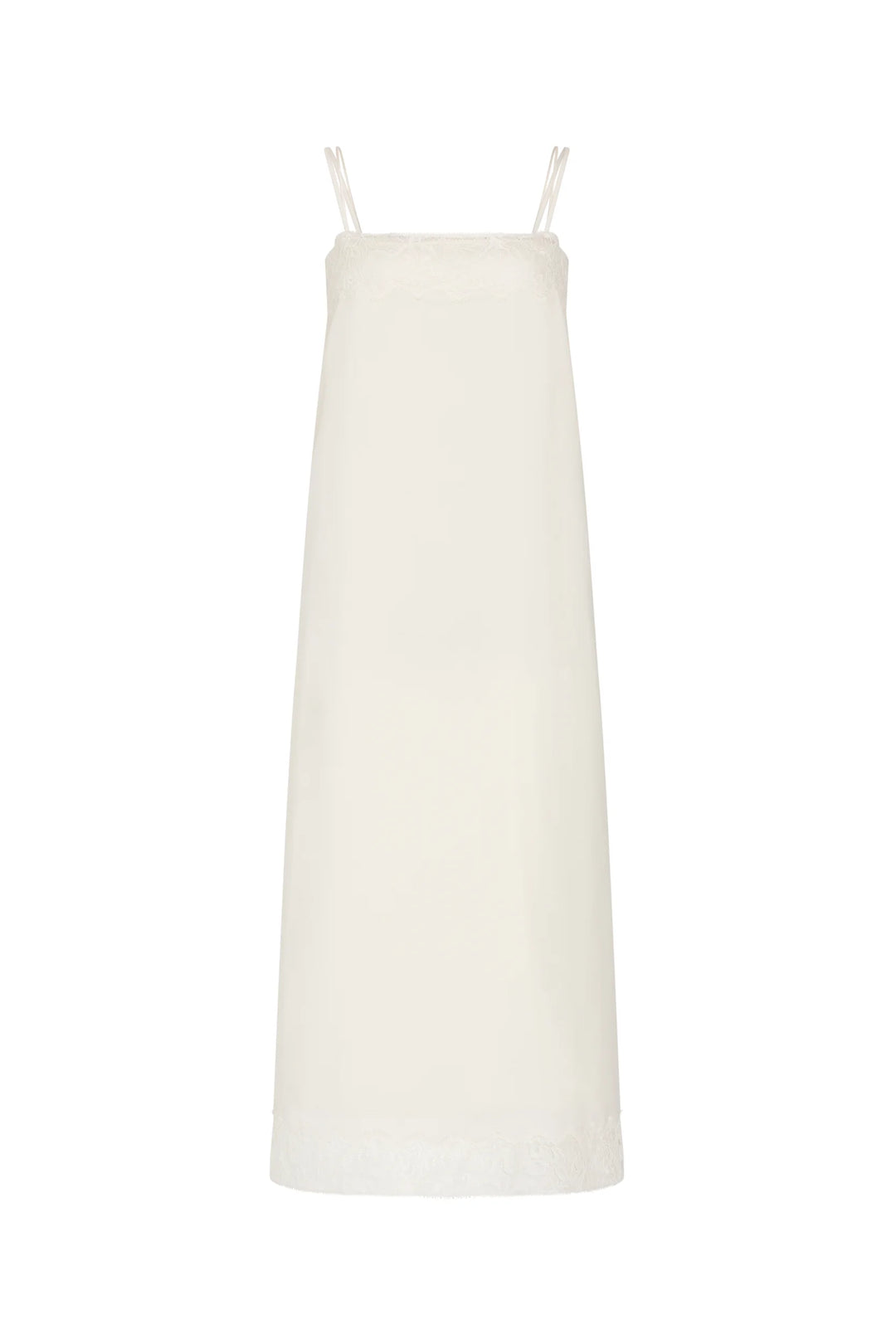 Ines Slip Dress in a midi, lingerie-inspired silhouette with thin straps and Chantilly lace hem, front view on white.