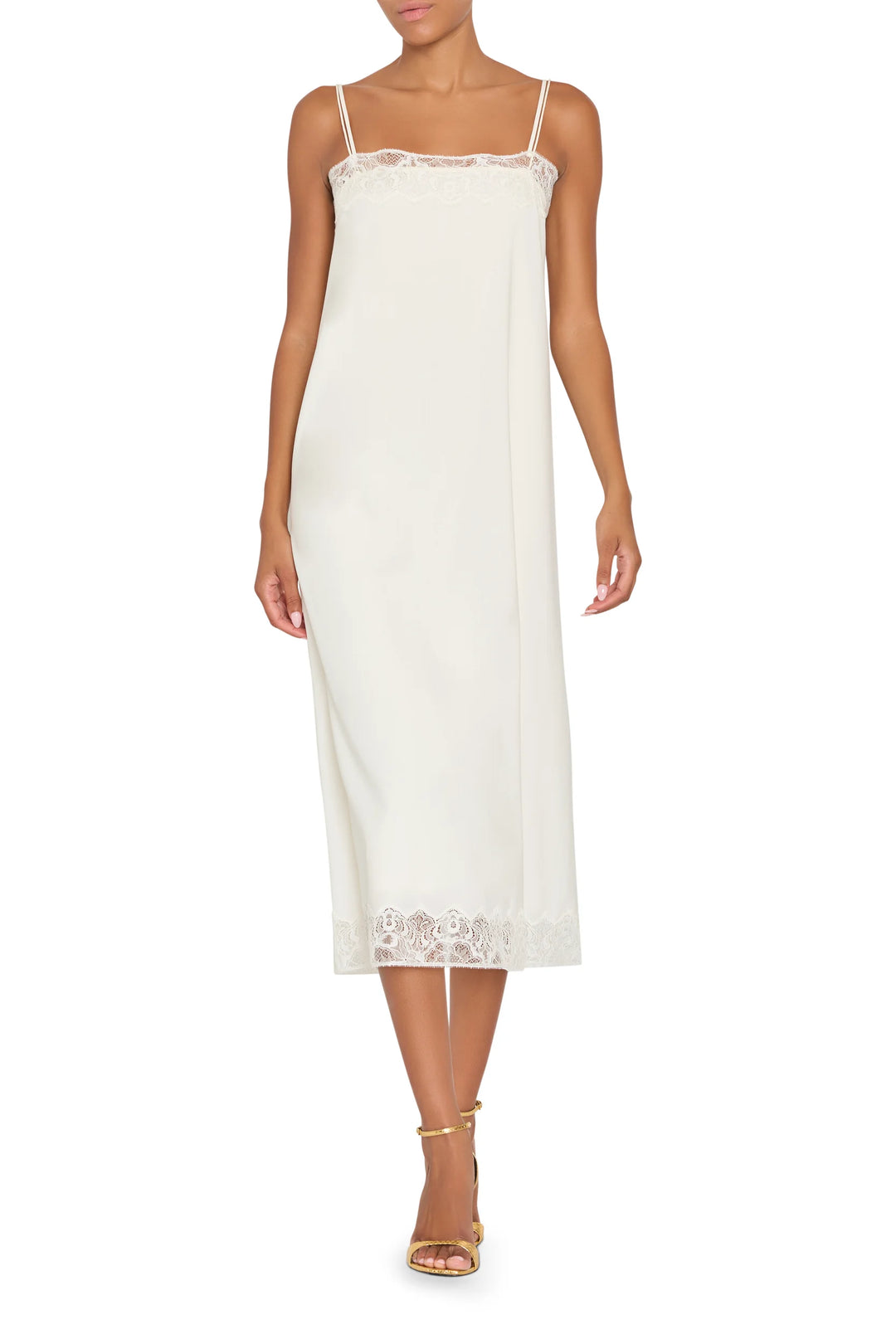 Ines Slip Dress, a midi silhouette with Chantilly lace trim at the neckline and hem, front view on model.