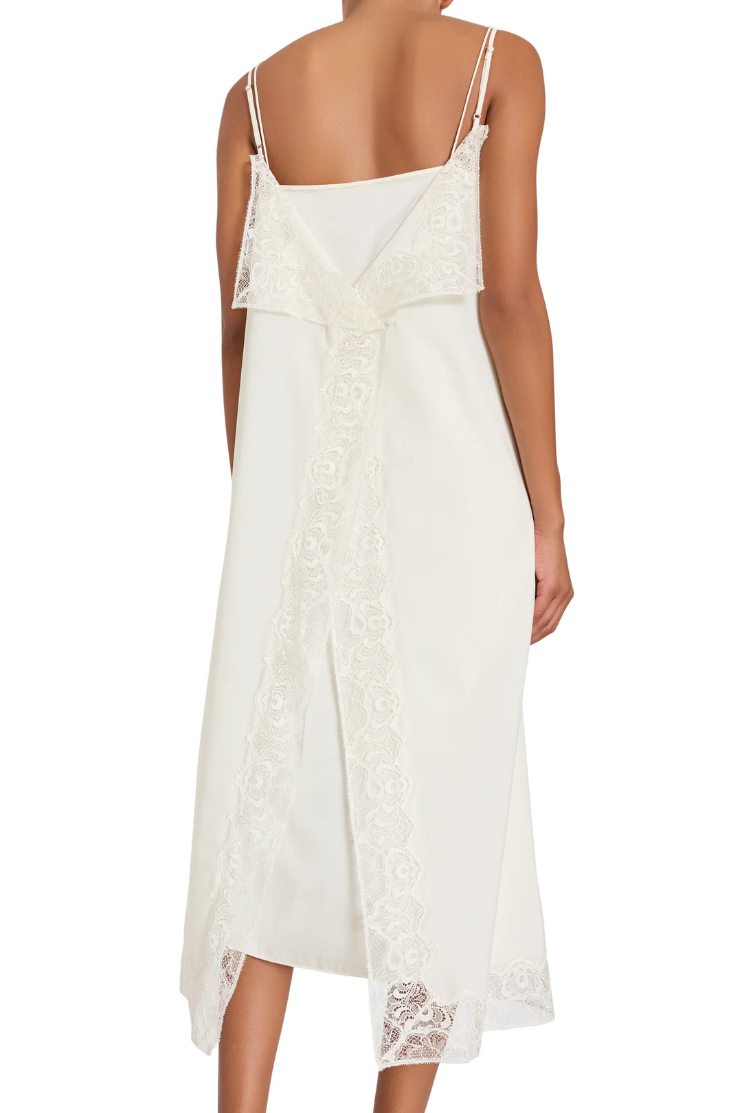 Ines Slip Dress With Lace featuring Chantilly lace trim along the back neckline, back view.