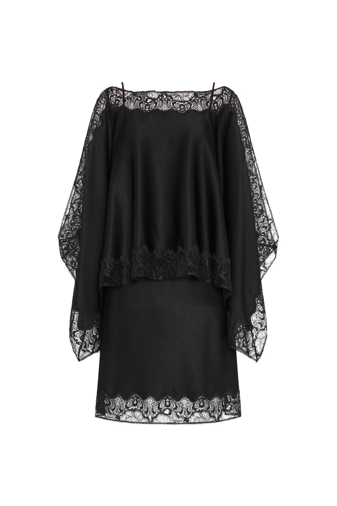 Rocco Two Piece Dress, a two-piece set with a cape overlay and a fitted slip dress with Chantilly lace trim. Front view.