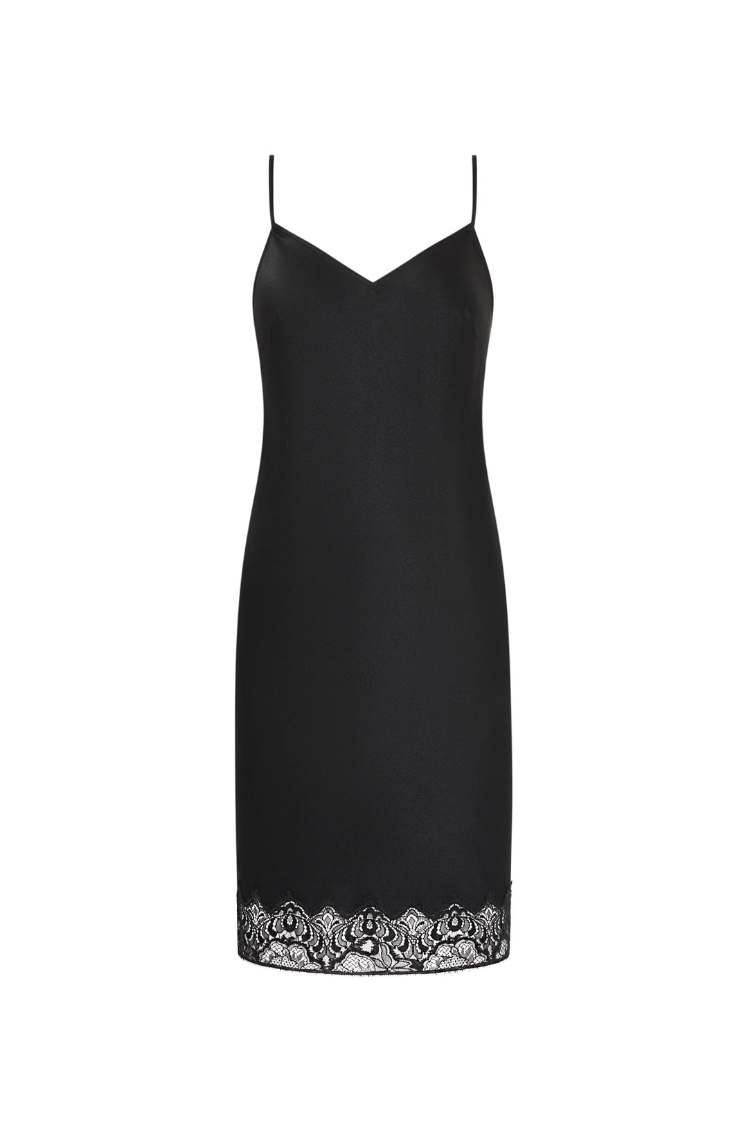 Rocco Two Piece Dress, sleeveless V-neck slip dress with cape overlay and Chantilly lace trim, front view on white.