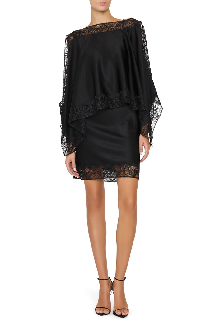 Rocco Two Piece Dress: black off-the-shoulder cape overlay top and mini skirt in Chantilly lace, front view on white.