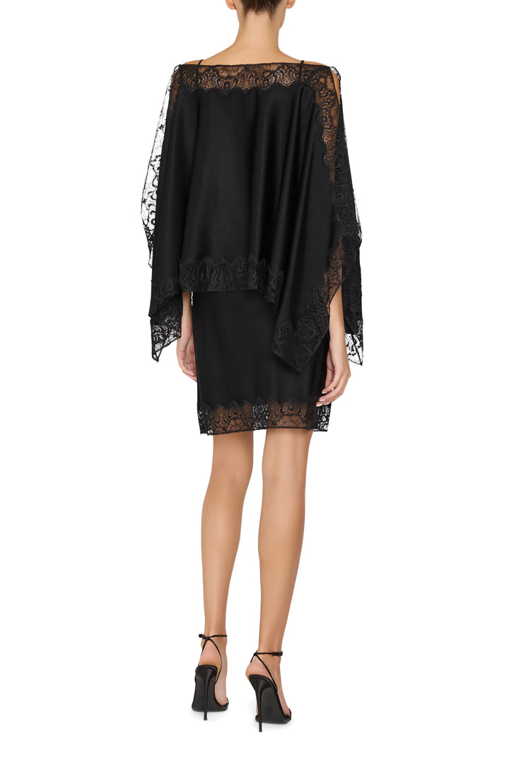 Rocco Two Piece Dress in Chantilly lace with draped cape and straight skirt, back view.