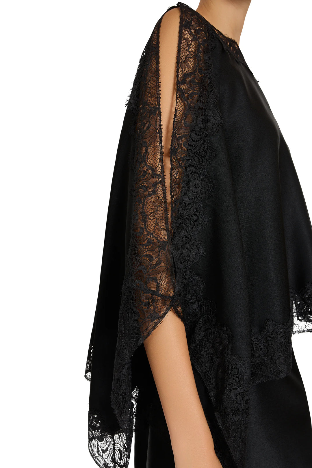 Rocco Two Piece Dress: satin slip dress with Chantilly lace cape overlay and wide sleeves, side view on model.