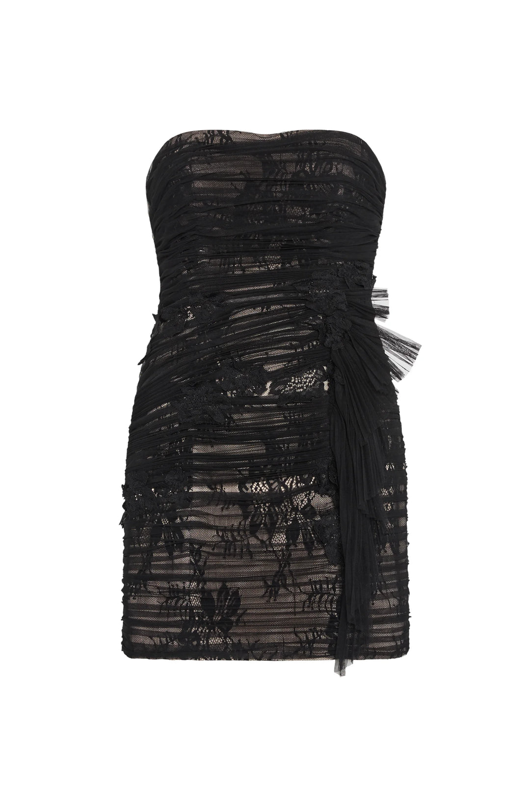 Prima Mini Dress: black strapless mini dress, sheer tulle overlay, ruched detailing, side ruffle, front view on white.