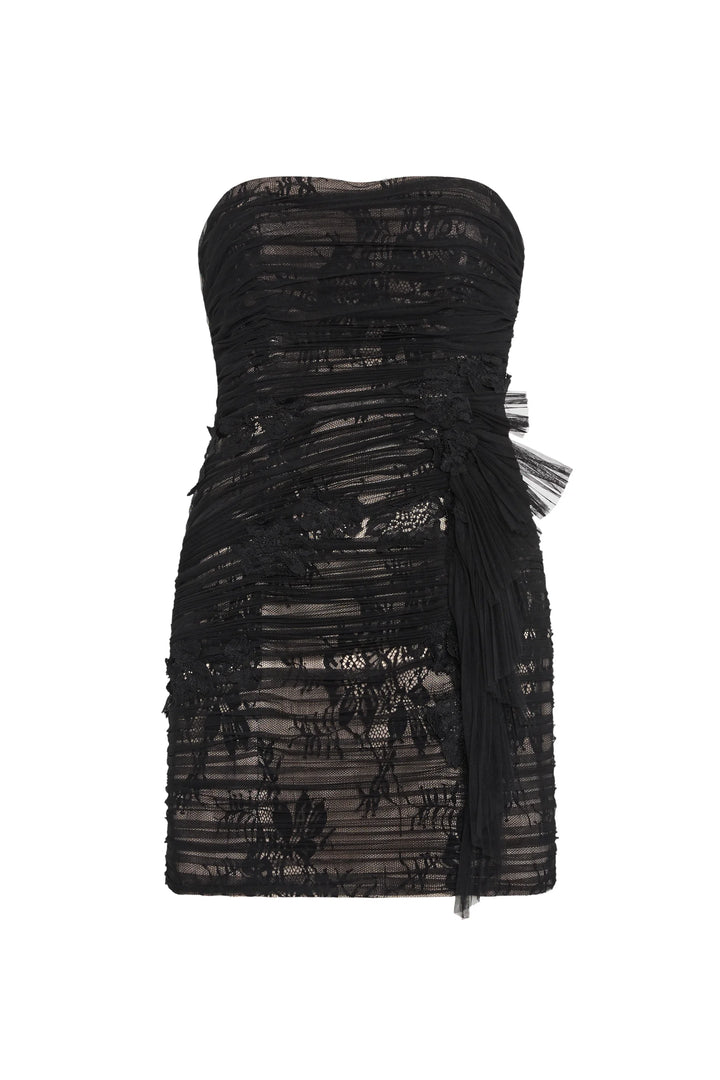Prima Mini Dress: black strapless mini dress, sheer tulle overlay, ruched detailing, side ruffle, front view on white.