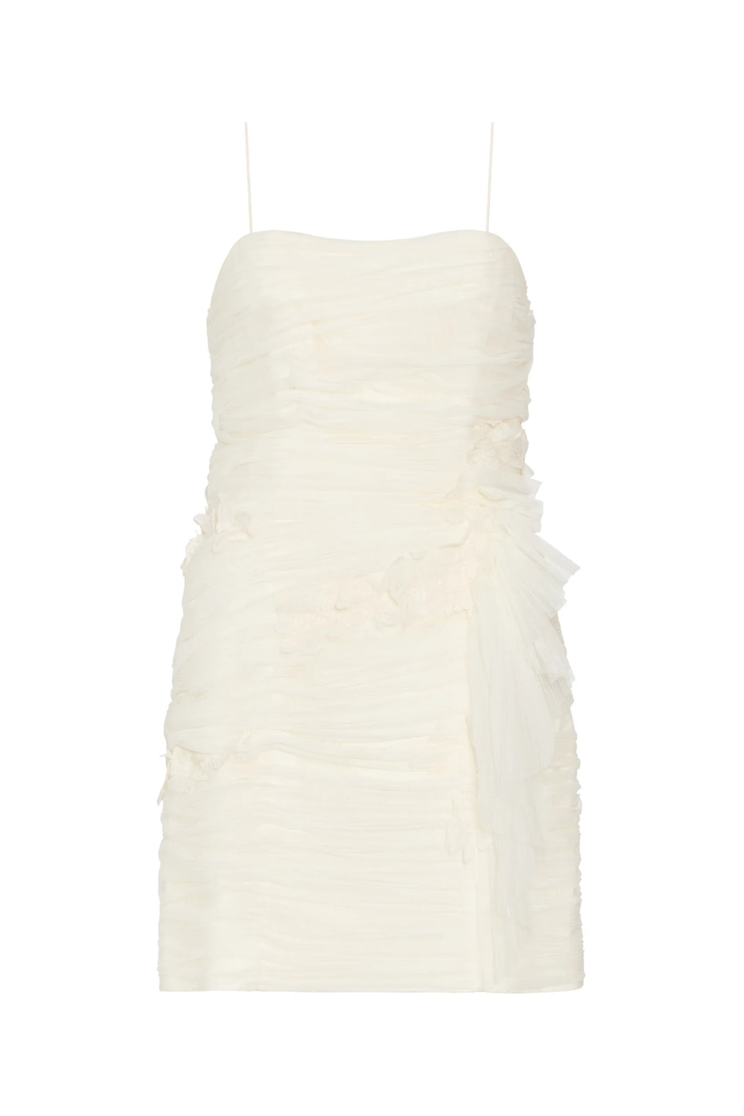 Prima Mini Dress: little black dress with a ruched bodice and sheer black tulle side detail, front view on white.