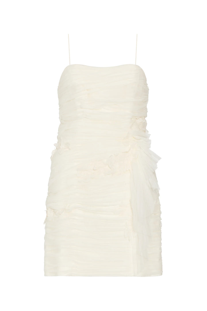 Prima Mini Dress: little black dress with a ruched bodice and sheer black tulle side detail, front view on white.