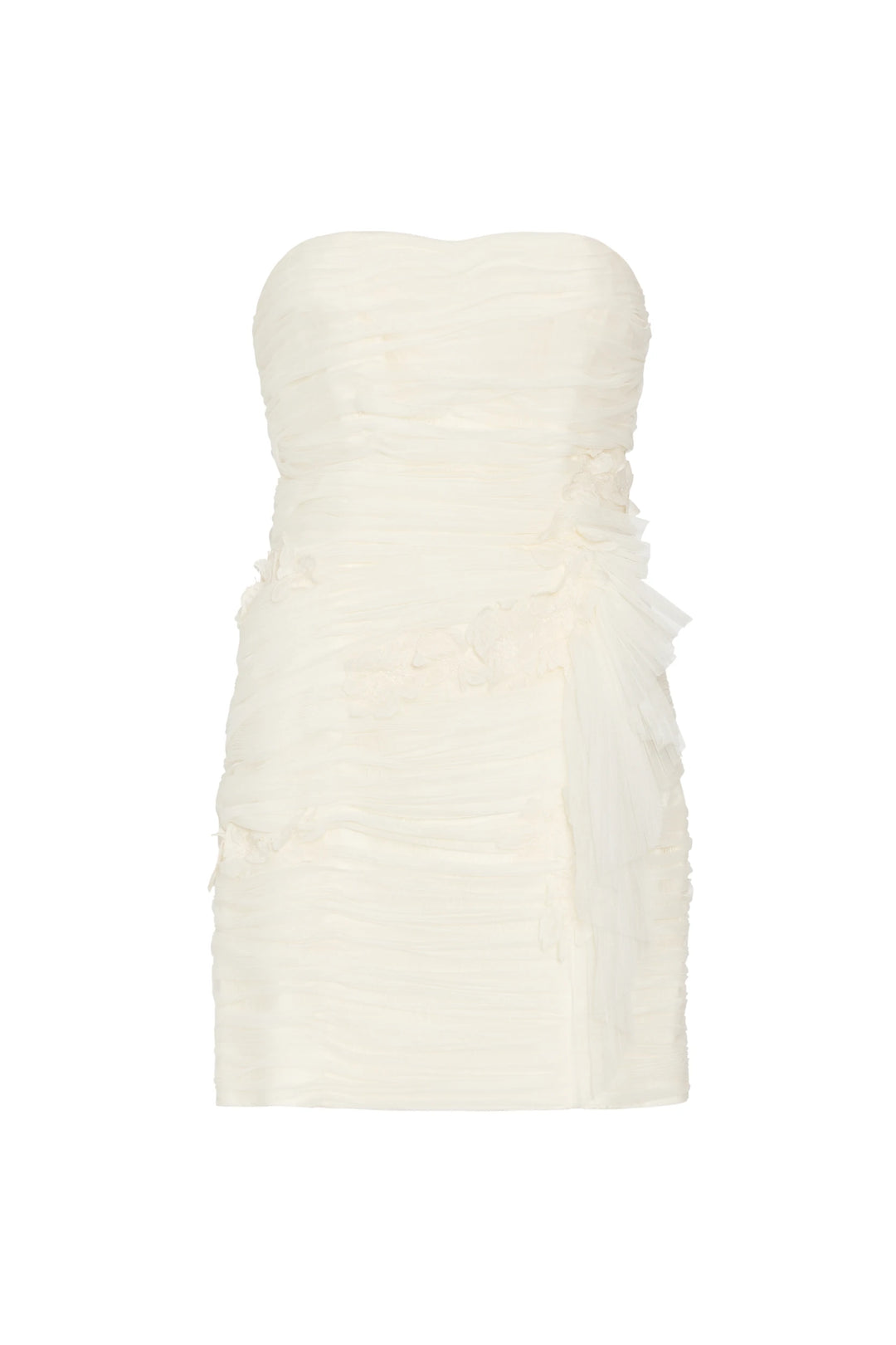 Prima Mini Dress, a strapless black ruched chiffon mini dress with sheer tulle and layered side detail, front view.