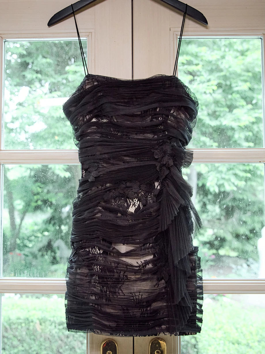 Prima Mini Dress: black mini dress with sheer tulle ruched overlay, lace detailing, and straps, front view on white.