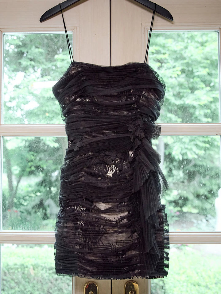 Prima Mini Dress: black mini dress with sheer tulle ruched overlay, lace detailing, and straps, front view on white.