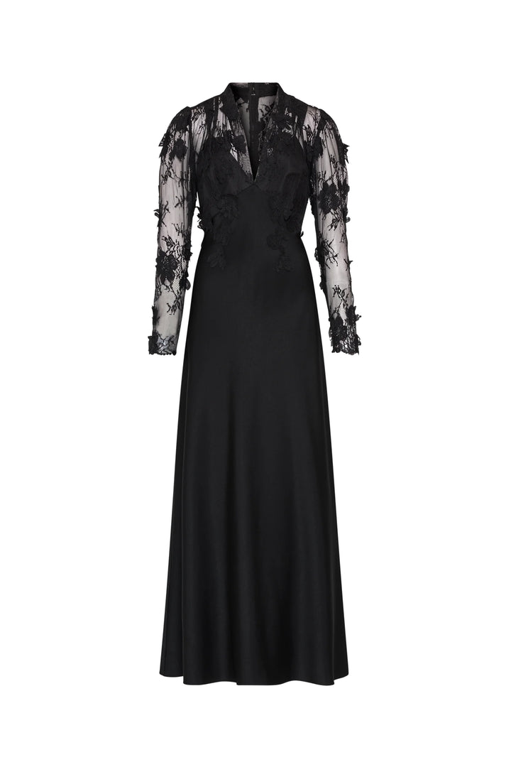 Kyan Long Dress in black satin crepe with Chantilly lace sleeves and bodice, maxi silhouette, front view on white.