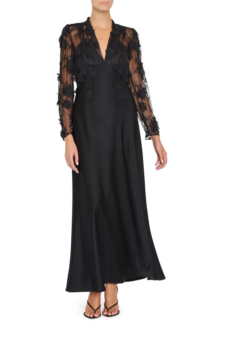 Kyan Long Dress in black Chantilly lace and crepe with V-neckline and floral lace overlay, front view on white.