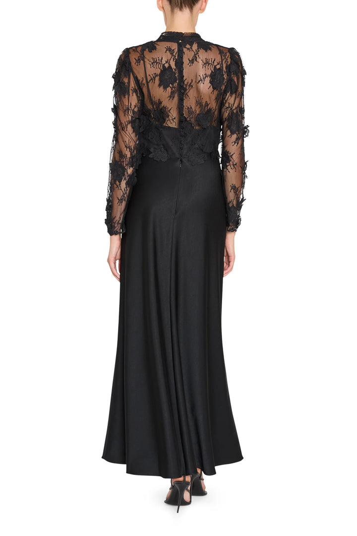 Kyan Long Dress with black Chantilly lace bodice and satin back crepe floor skirt, back view.