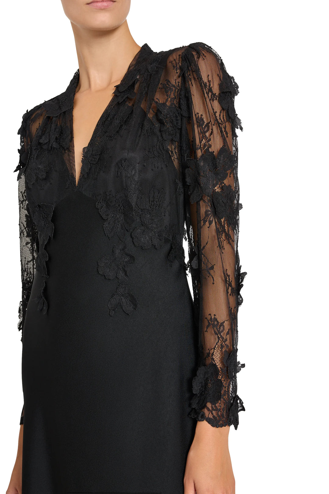 Kyan Long Dress With Lace: black midi satin crepe dress, sheer Chantilly lace sleeves, floral appliqué, front view.