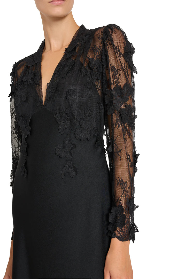 Kyan Long Dress With Lace: black midi satin crepe dress, sheer Chantilly lace sleeves, floral appliqué, front view.
