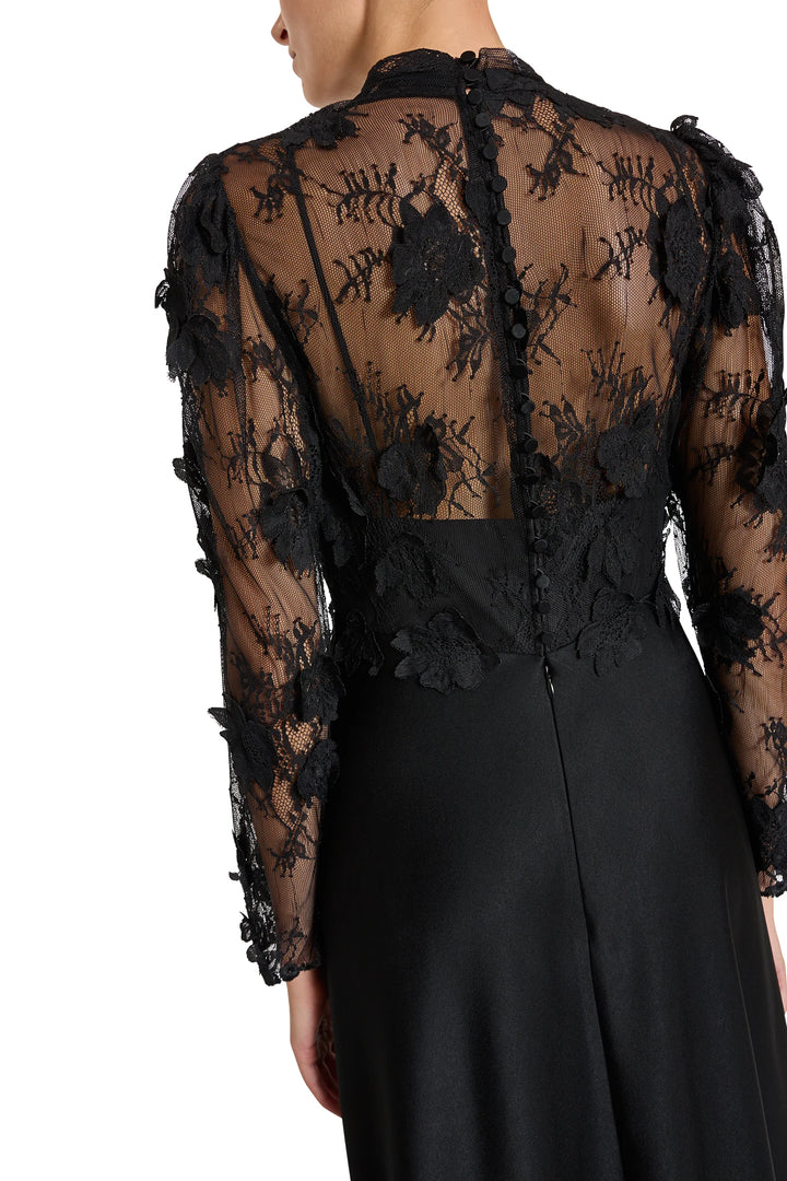 Kyan Long Dress: black long-sleeved evening dress with a high-neck Chantilly lace bodice and satin crepe skirt, front view.
