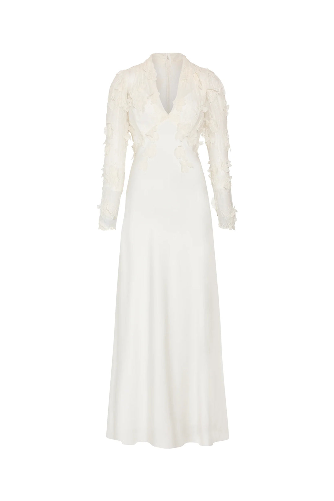 Kyan Long Dress: midi satin back crepe dress, long sleeves, V-neck, and Chantilly lace, front view on white.