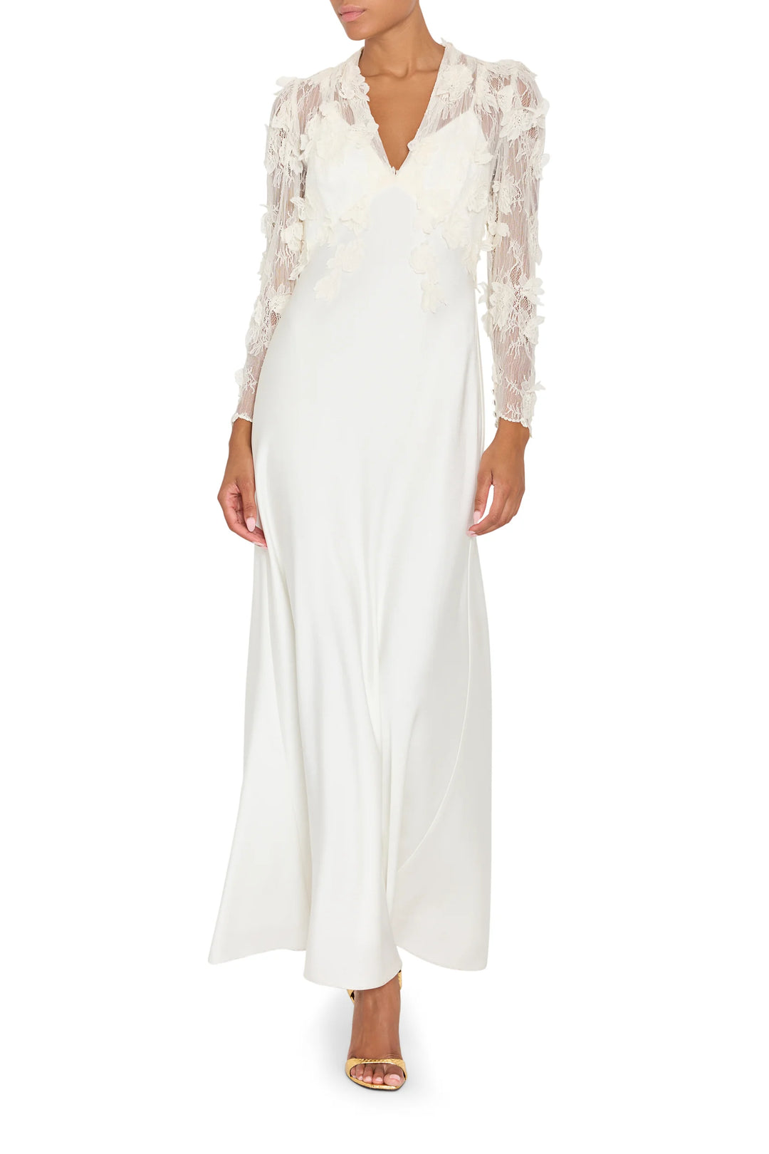 Kyan Long Dress in satin back crepe with V-neck, Chantilly lace sleeves, and floral appliqués, front view on white.