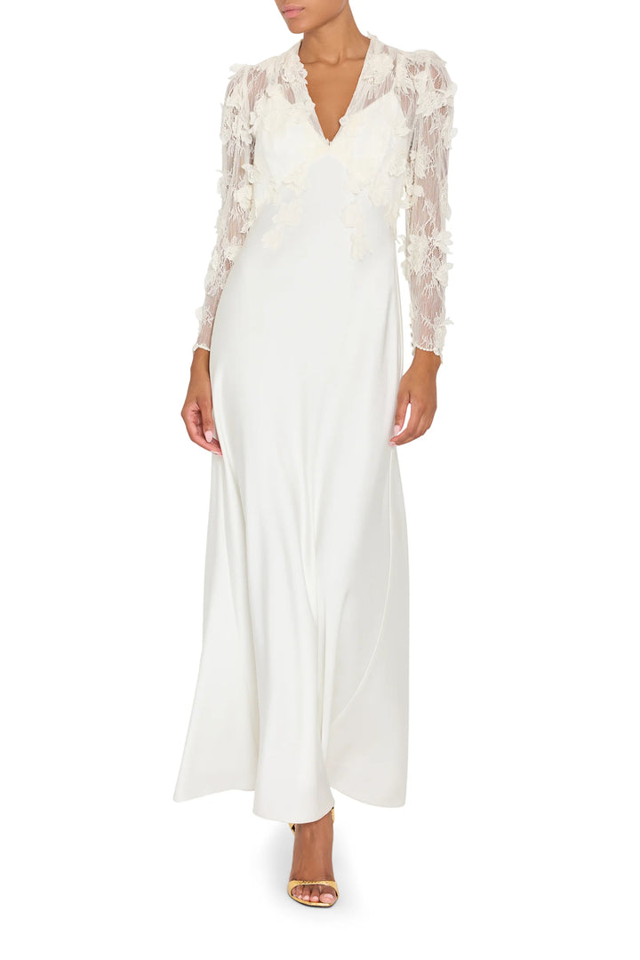 Kyan Long Dress in satin back crepe with V-neck, Chantilly lace sleeves, and floral appliqués, front view on white.