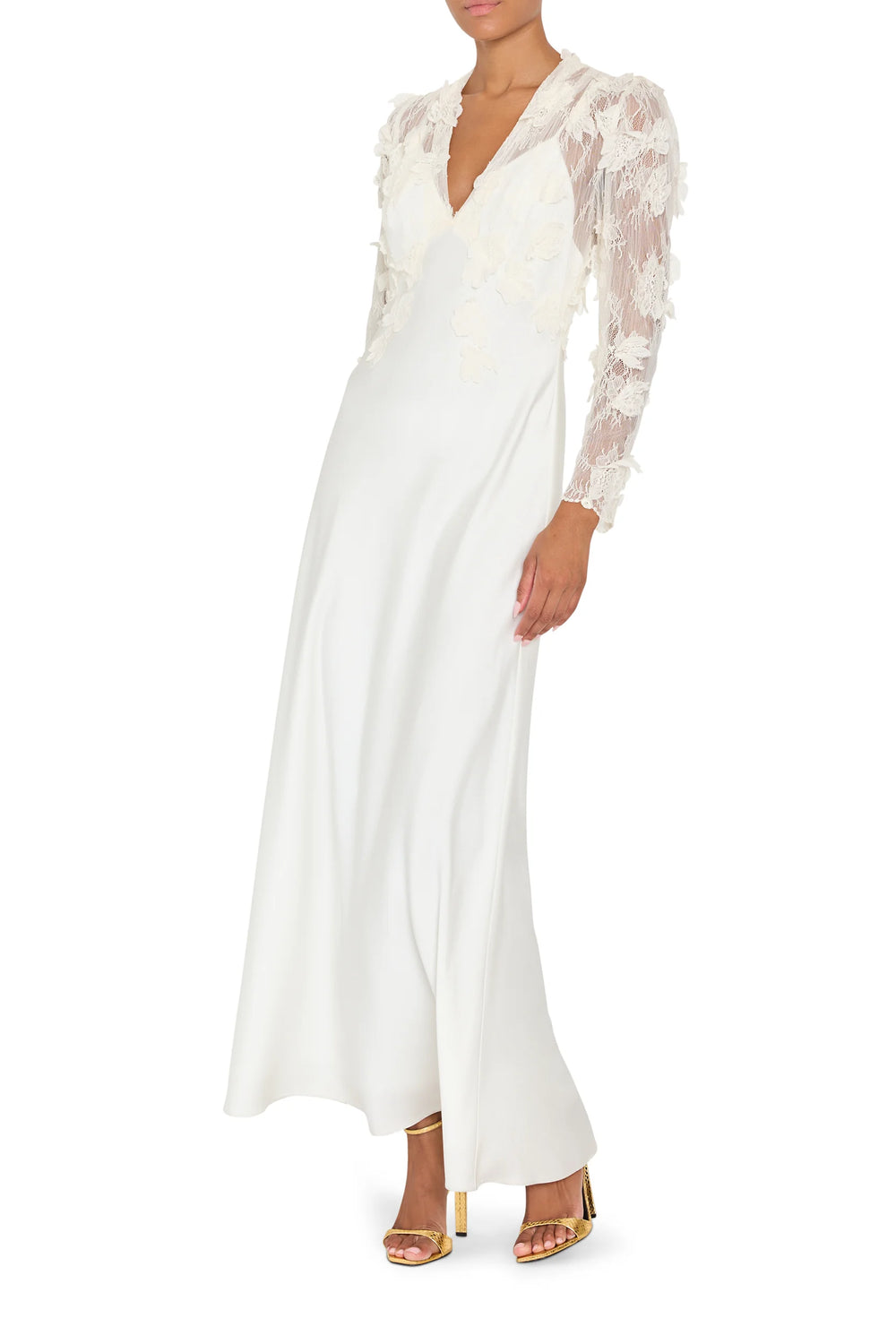Kyan Long Dress With Lace, a floor-length satin back crepe dress with a deep V-neck, front view on model.
